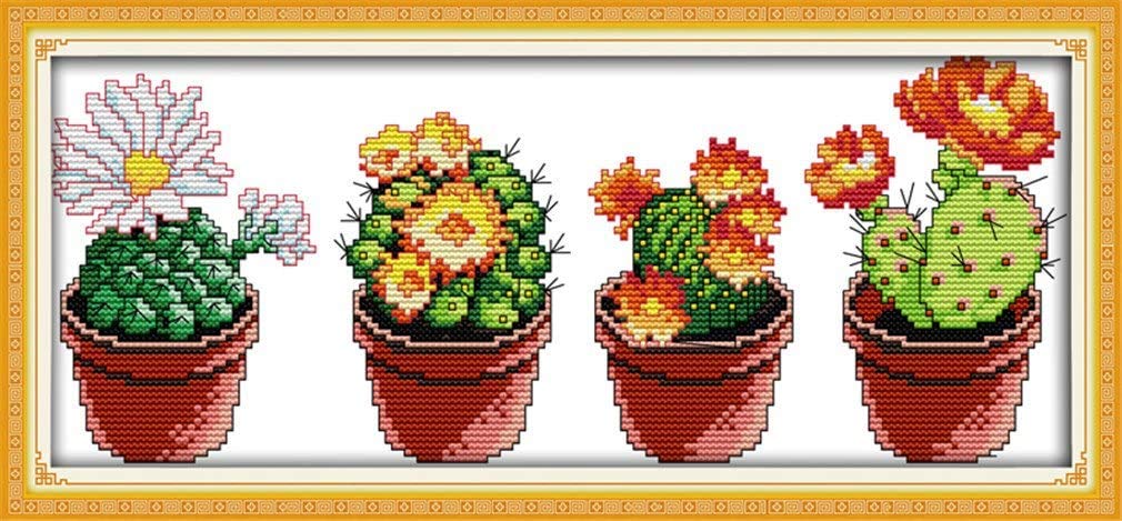 YEESAM ART Cross Stitch Kits Stamped for Adults Beginner Kids, Cactus Flowers Potted 11CT 46×21cm DIY Embroidery Needlework Kit with Patterns Needlepoint Christmas