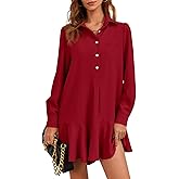 Fisoew Womens Casual Button Down Shirt Dress Long Sleeve Collared Pleated Swing Mini Dresses