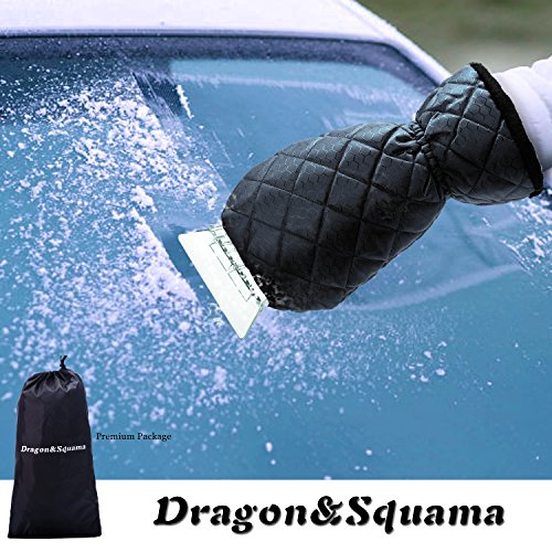Ice Scraper Mitt For Car Windshield Snow Scrapers with Waterproof Glove Lined of Thick Fleece + Carry Pouch (Black)