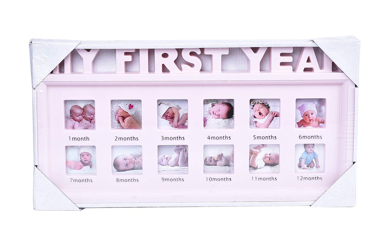 My First Year Photo Moments Baby Keepsake Frame, White, 12 Months Picture Frames, First Mothers Day Gift for Mom to Be or Expecting Parents (Pink), 16 x 8 x 1 in