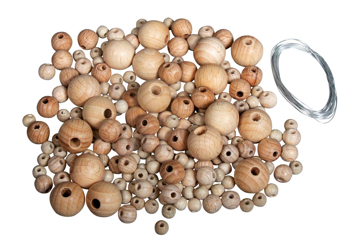 Rayher 63503000 BP: Nordic Wooden Stars, 2 x 7 cm + 1 x 11 cm, Beads, Threading Wire, Instructions, Set of 3, Natural, Normal