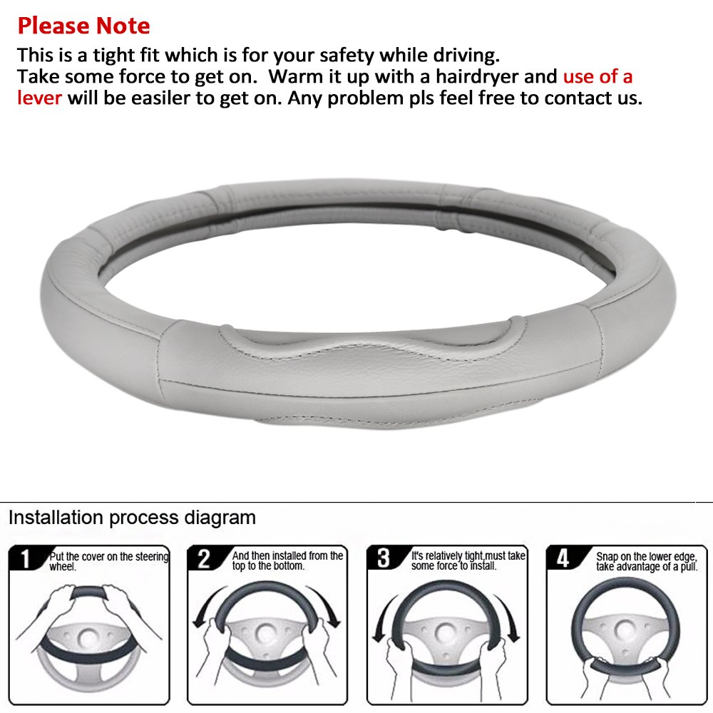 LOCEN Genuine Leather Car steering Wheel Cover - B STYLE - Grey (Outer Diameter 35CM-36CM)