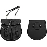 SZCO 8" Celtic Knot Leather Sporran with Adjustable Chain & Belt, Black – Tassel Design, Stainless Steel Pin – Perfect for Kilts, Costumes, and Events