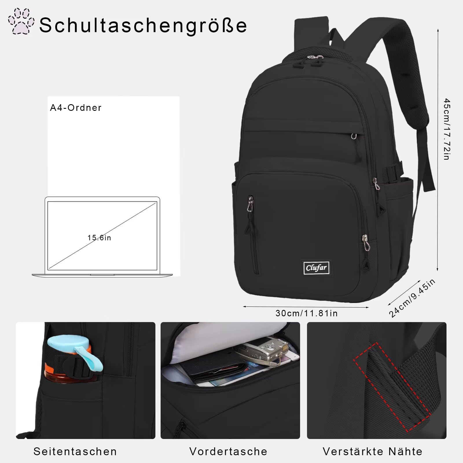 Clufar Schulrucksack Teenager Jungen Schwarz Leicht Schulranzen Jungen 5 Klasse Wasserdicht Multi-Tasche Schultasche Mädchen Laptop Rucksack Schule Schoolbag Komfortabel Backpack Black 3
