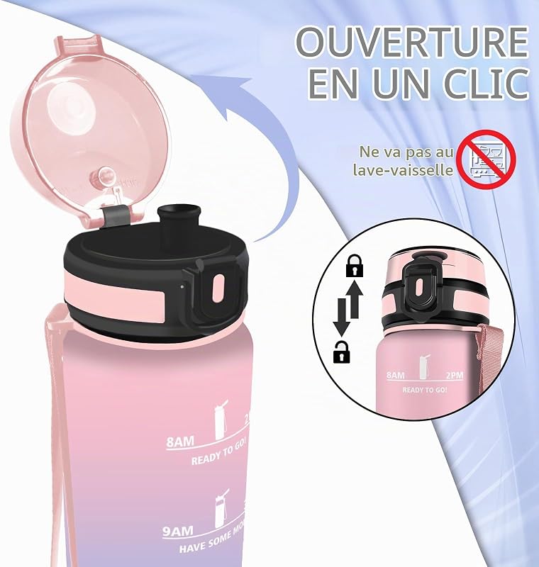 Gourde Enfant, Gourde 500ml, Bouteille Filtrante Anti-Fuite, Facile à Transporter, Bouteille avec Marqueur de Temps, Anti Fuite, Facile à Nettoyer, pour Bureau, Voyage, Extérieur, École, Sportif