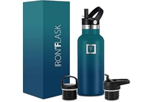 IRON °FLASK Camping & Hiking Hydration Canteens - 3 Lids (Narrow Straw Lid) Leak Proof Vacuum Insulated Stainless Steel - Hot & Cold Double Walled Sports Water Bottle - Dark Night, 16 Oz