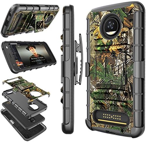 Moto Z2 Play Case, Motorola Z2 Play Holster Clip, Tekcoo [Hoplite] Shock Absorbing [Camo Pine] Swivel Locking Belt Defender Full Body Kickstand Carrying Armor Camouflage Cover for Moto Z Play 2017