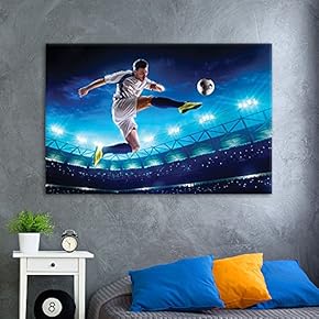 Canvas Wall Art Sports Theme - Soccer Player Jumping in The Air Kicking The Soccer in The Soccer Field - Giclee Print Gallery Wrap Modern Home Art Ready to Hang - 12x18 inches