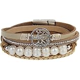 GelConnie Leather Cuff Bracelet Baroque Pearl Wrap Bracelet Gorgeous Gold Tube Bangle Boho Bracelet Bohemian Wristband Jewelry Gift for Women Wife