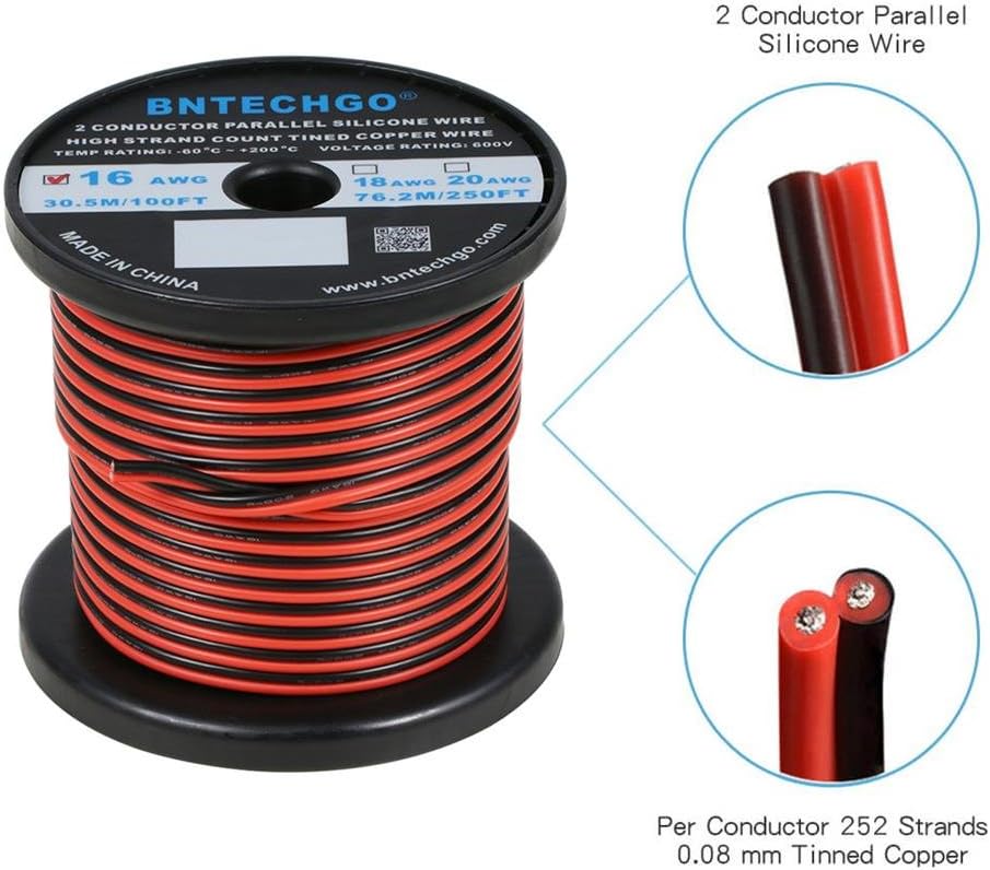 BNTECHGO 16 Gauge Flexible 2 Conductor Parallel Silicone Wire Spool Red Black High Resistant 200 deg C 600V for Single Color LED Strip Extension Cable Cord,model,100ft Stranded Tinned Copper Wire - Image 3