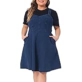 Agnes Orinda Plus Size Denim Overall Dress for Women Adjustable Strap Summer A-Line Jean Dresses with Pockets