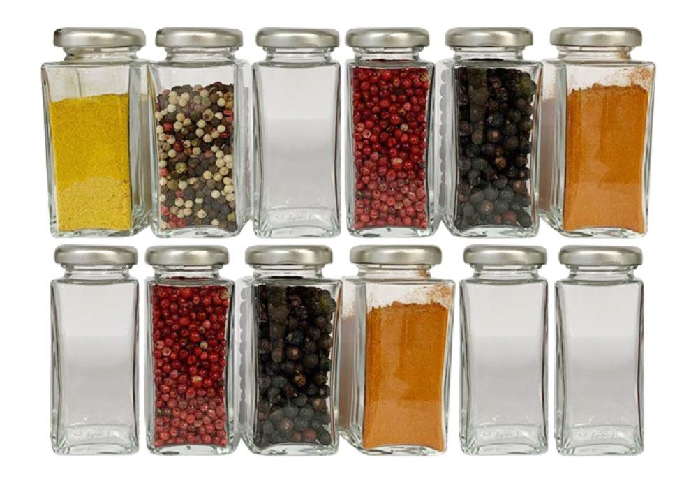 mikken 12 x Spice Jars, Square, 100 ml, Preserving Jar, Glass Jar with Screw Top
