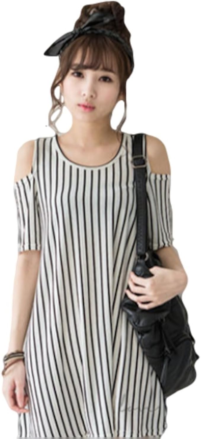 Amazon 春夏 肩出し ストライプ セクシー ドレス 半袖 シャツ ワンピーコーデ Aラインマキシワンピース 可愛い切り替えワンピース カジュアルニットワンピース フェミニンワンピ ブラックロングワンピース 演奏会 夏ワンピース 大人 可愛い マキシ Aライン 謝恩会