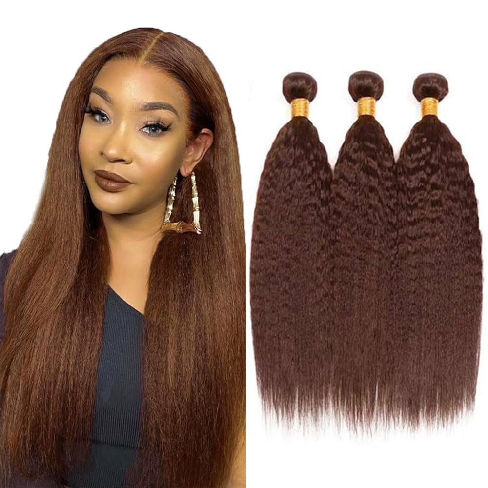 View 1 of #4 Brown Bundles Human Hair Yaki Straight Bundles 18 20 22 Inch Chocolate Unprocessed Brazilian Virgin Hair 3 Bundle 50 Gram Per Bundle Deals Quick Weave Hair Extensions