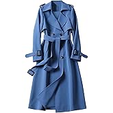 SOMTHRON Women's Double Breasted Long Trench Coat Belted Notch Lapel Overcoat Windproof Classic Outerwear