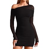 HTZMO Women Long Sleeve Sexy Off Shoulder Short Dress Bodycon Ruched Homecoming Going Out Party Club Mini Dress