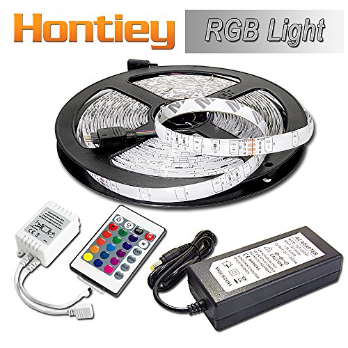 Hontiey 5M / 16.4 Ft Led Strip SMD 2835 Waterproof 300 LEDs RGB Color Changing Kit + 24 Key IR Remote Control + Power Supply