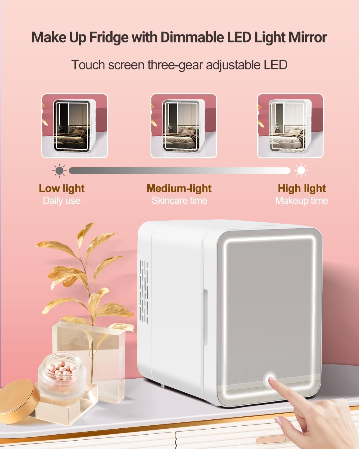 Portable Mini Fridge for Skincare Beauty Cosmetic Makeup, 4-Liter Thermoelectric Cooling and Warming Skin Care Refrigerator With Mirrored Door and Dimmable LED Light, White