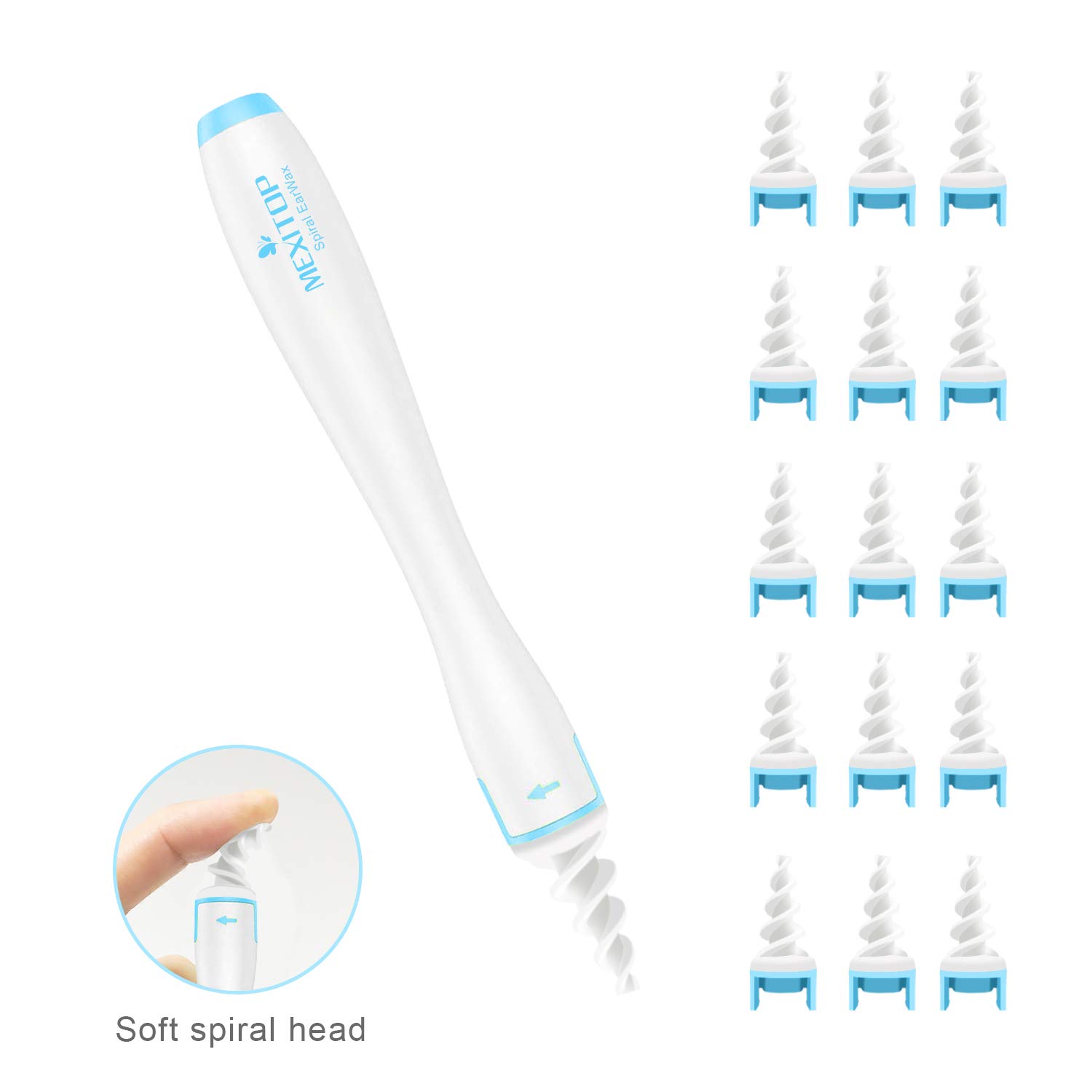 Ear Wax Removal, MEXITOP Professional Ear Cleaner System with 16 pcs soft Spiral Washable Replacement Tips Improve the Effect of Ear Wax Removal Drop + Bonus Noise Canceling Ear Plugs, Blue(Upgraded Version)