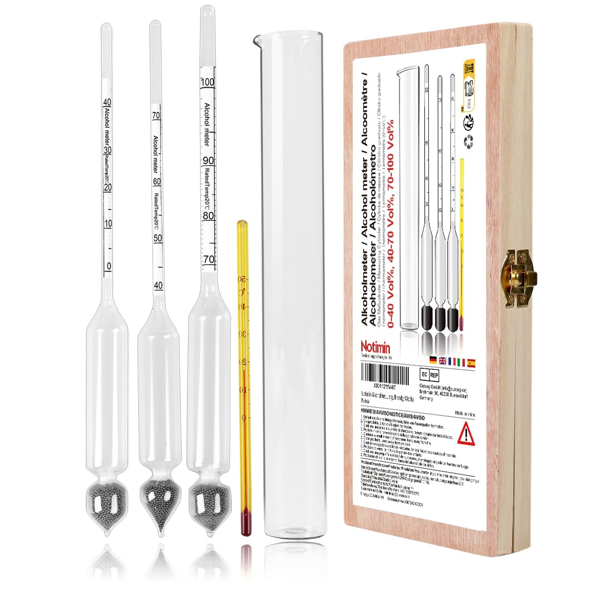 Notimin 3 Pack Alcohol Hydrometer Includes Glass Cylinder Thermometer Detection of 0-100 vol% Concentration for Spirits Distilled Whiskey Vodka Cognac