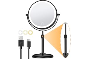 Gospire Lighted Makeup Mirror with Magnification 10X, 3 Color Dimmable Lights & Height Adjustable 7" Cosmetic Mirror, 360° Swivel Double Sided Rechargeable LED Vanity Mirror Cordless Standing Mirror