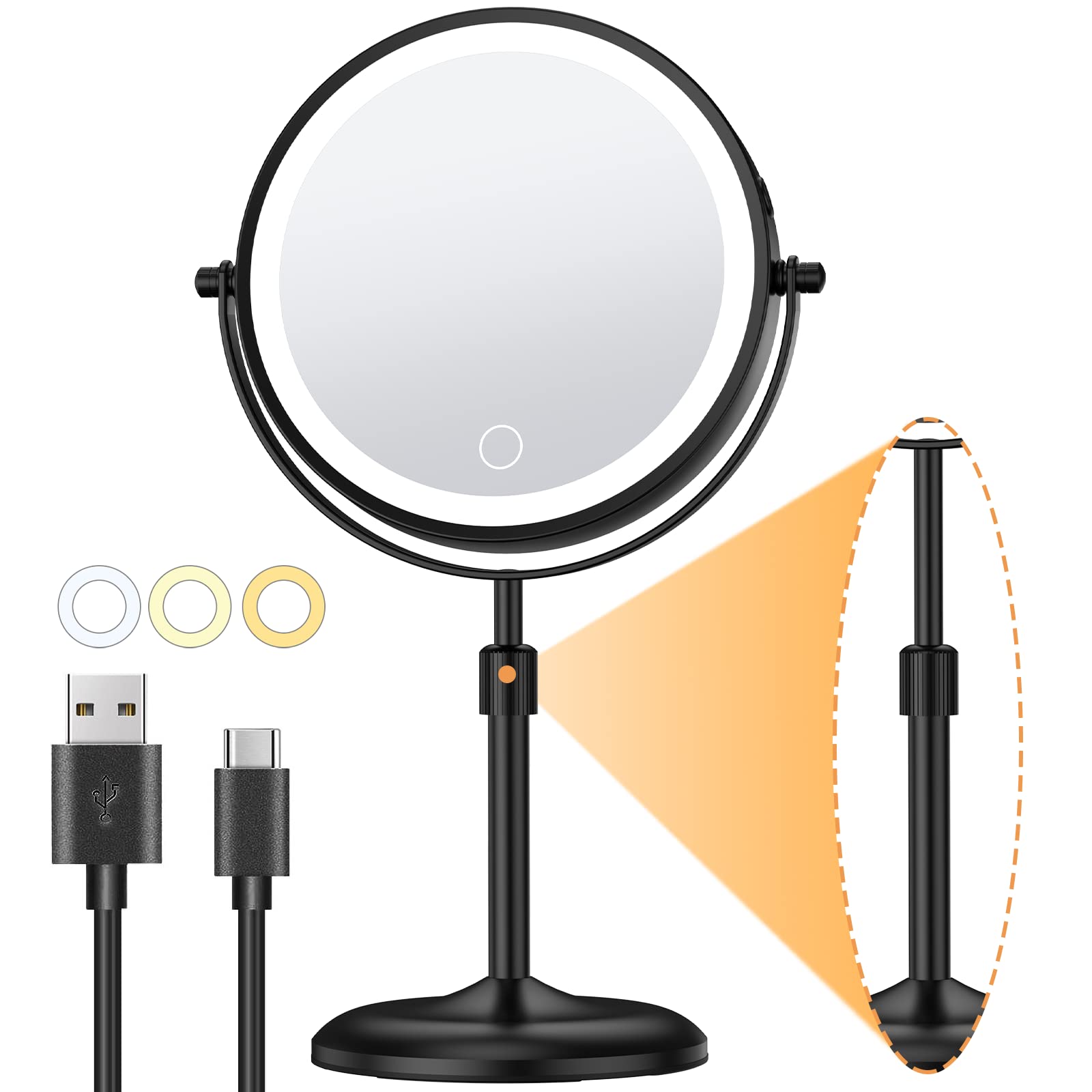 Gospire 7" Lighted Makeup Mirror with Magnification 10X/1X, Height Adjustable & 3 Color Dimmable Lights, 360° Swivel Double Sided Light up Rechargeable Cosmetic Vanity Cordless Standing Mirror-Black