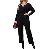 CARE LUCK Black Jumpsuit for Women Business Casual Outfits, V Neck Long Sleeve High-Waist Wide-leg Pants Plus Size