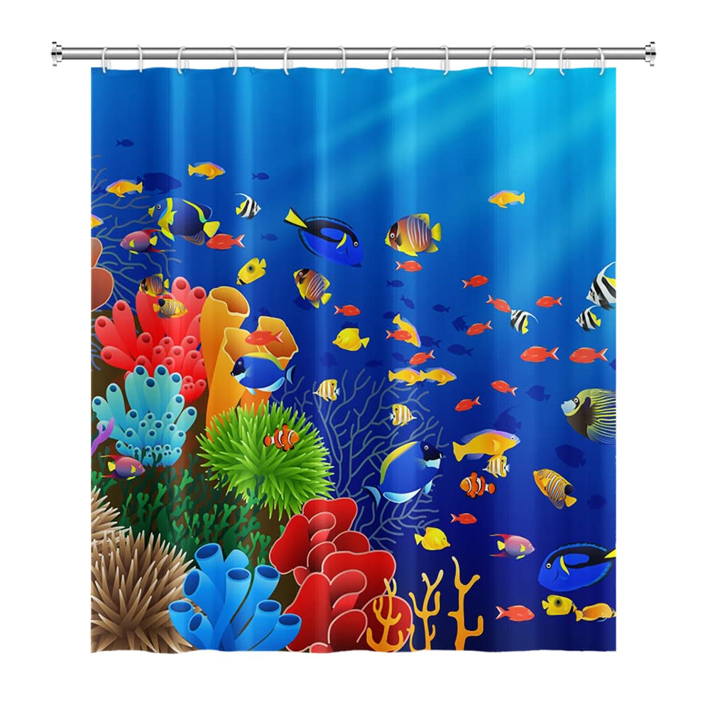 SDOTPMT 180x180cm Ocean Tropical Fishes Shower Curtain Colorful Cartoon Fish Coral Reef Marine Animal Bath Curtain Underwater Seascape Bathtub Curtain for Bathroom Fabric Polyester with Hooks
