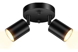 AUQUEE LED 2 Light Track Lighting Kit, LED Track Lighting Fixtures, Black Round Ceiling Spot Lighting, Flexibly Rotatable Light Head for Kitchen, Living Room, Bedroom, GU10 Bulb Not Included