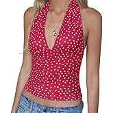 Women Halter Going Out Tops Sexy Deep V Neck Blackless Sleeveless Crop Tank Top with Heart Print Y2K Slim Fit