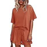 Tankaneo Womens Pajamas Set Lounge Sets Cropped Short Sleeve T Shirts Drawstring Ruffle Shorts Soft Sleepwear
