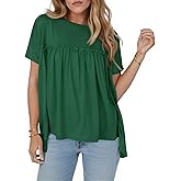 Cicy Bell Women T Shirts Summer Babydoll Tops Pleated Short Sleeve Crew Neck Peplum Blouse Casual Loose Fit Dark Green