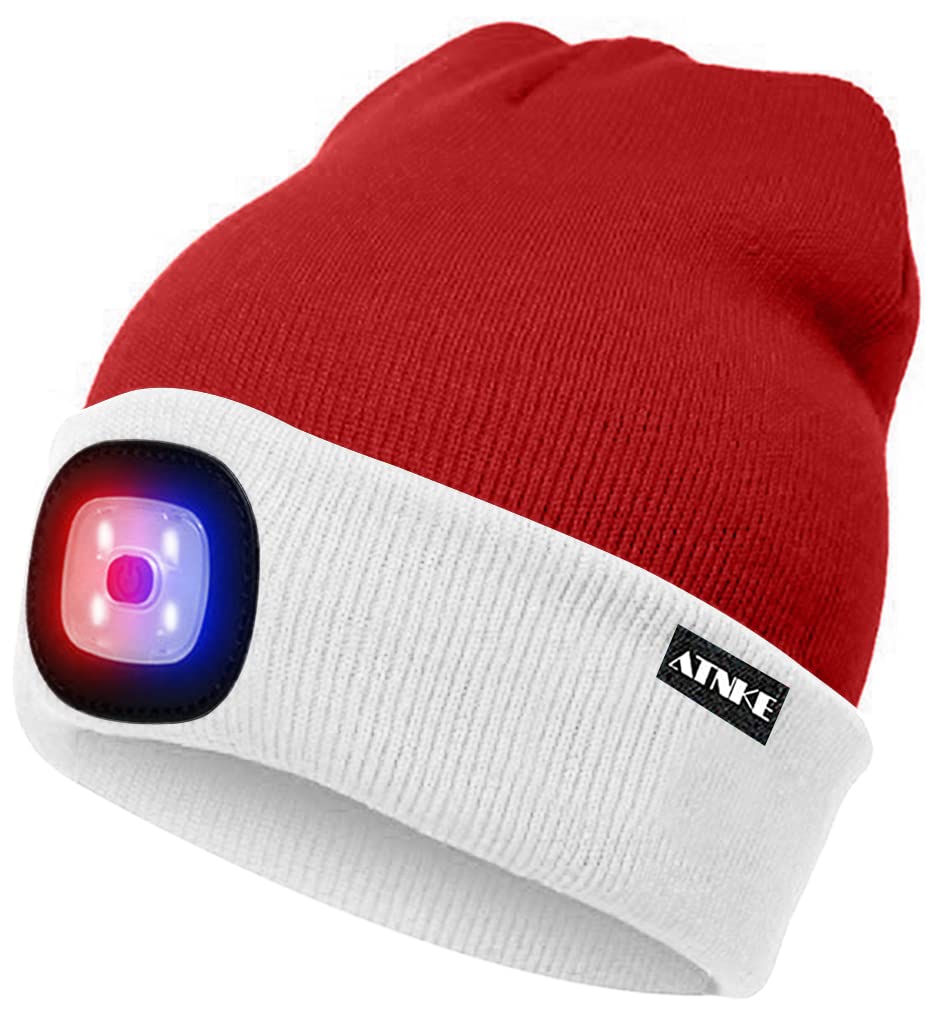 ATNKE LED Lighted Beanie Cap,USB Rechargeable 4 LED Red and Blue Glow Flashing Running Headlamp Hat Winter Warm Gifts for Men and Women/White/Red Christmas