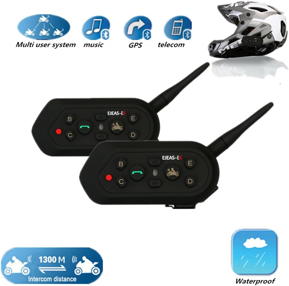 2 Set EJEAS E6 1300m Water Resistant Bluetooth Motorcycle Motorbike Helmet Intercom Interphone Headset Support Up to 6 Rider for MP3 player GPS - Hands Free Up to 10 Hours Talk Time