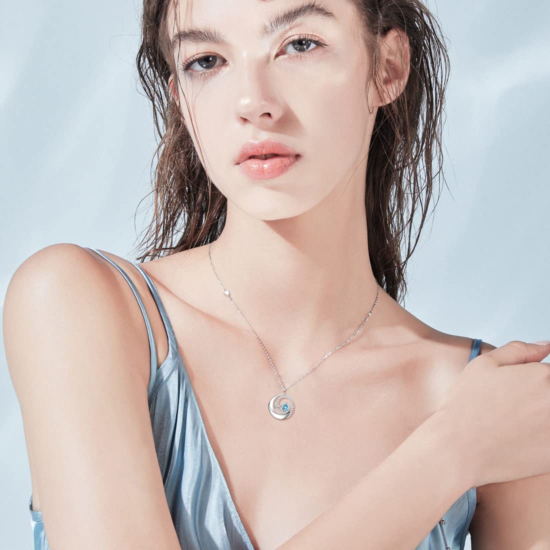FANCIME Birthstone Necklaces 925 Sterling Silver Moon and Star Pendant Fine Jewelry Birthday Christmas Gifts for Mom Wife Her Daughter, Adjustable Chain 16+2