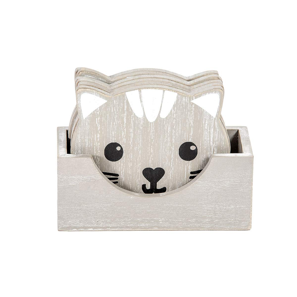 SPOTTED DOG GIFT COMPANY Drink Coasters Set of 6 Wooden Cat Coasters with Holder for Drinks, Cups and Mugs | Cute Themed Home Decor Kitchen Gifts for Cat Lovers Women Men Kids (Grey)