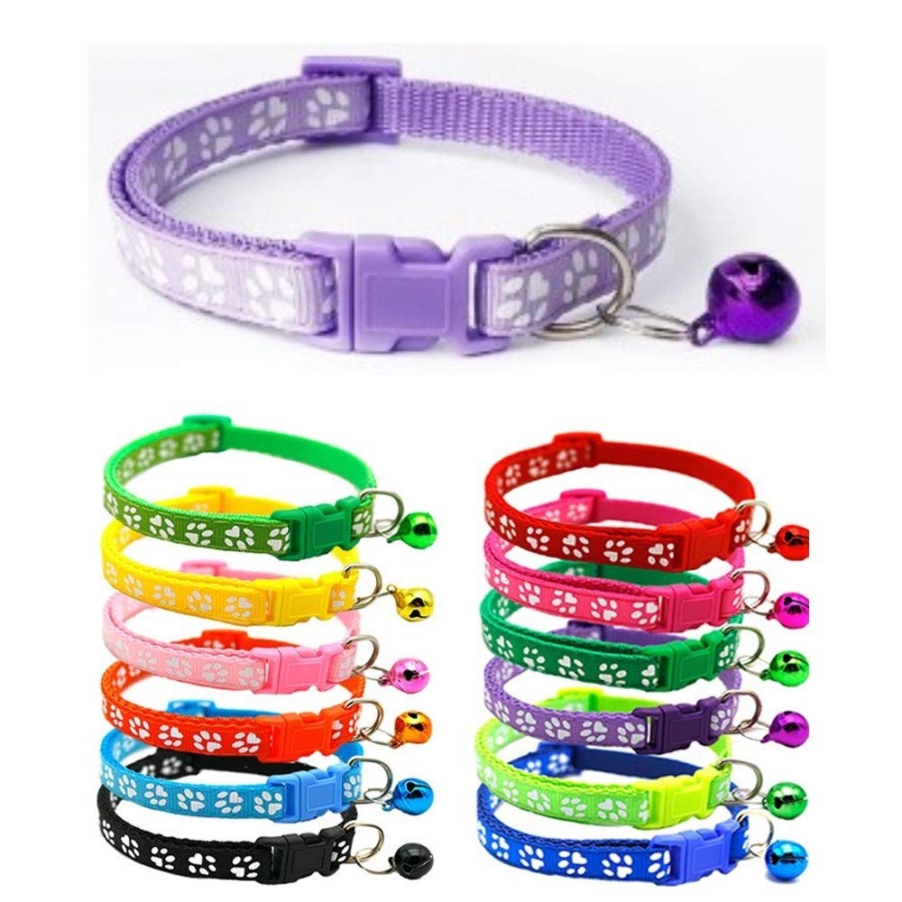 Small Dog Puppy Pet Collar Pawprint Design with Bell Nylon Adjustable Size 19-32cm Lilac Violet Light Purple — image 1