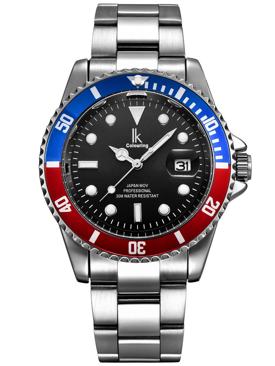 Alienwork Watch Men Women Silver Stainless Steel Metal Strap Calendar Date Black Elegant