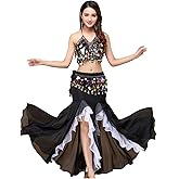 ORIDOOR Women's Belly Dance Dress Belly Crop Top Bra Top and Belt Chiffon Dancing Split Skirt Costume 3-Piece Outfit