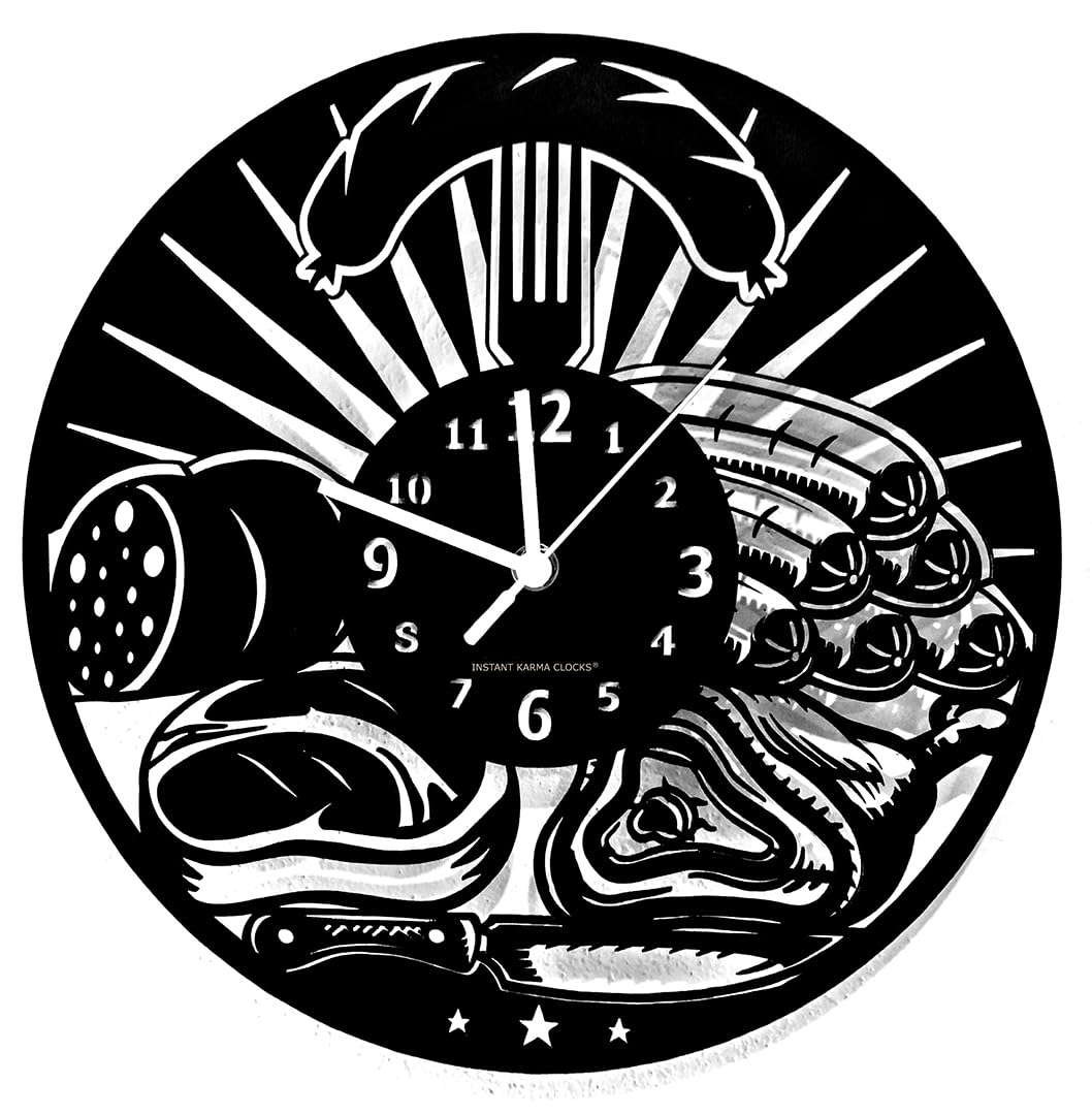 Instant Karma Clocks | Butcher Wall Clock – Meat, Sausages and Cleaver Design for Deli and Grill Enthusiasts – Silent No-Ticking | Perfect for Shop, Office, Studio – Unique Decoration
