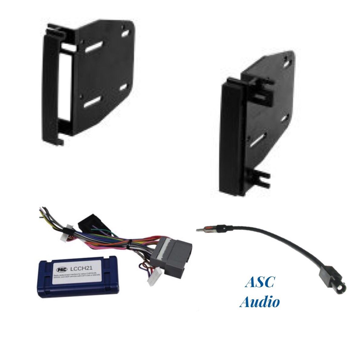 ASC Audio Premium Car Stereo Radio Install Dash Kit, 12V Wire Harness for Amp and No Amp, and Antenna Adapter to Add an Aftermarket Double Din Radio for some Chrysler Dodge Jeep- Vehicles listed below