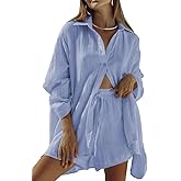 Fixmatti Women 2 Piece Outfits Long Sleeve Button Down Blouse and Shorts Sweatsuit Sets