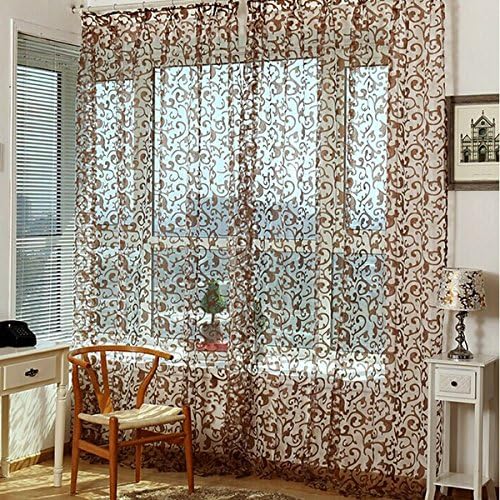 Window Dressings Beautiful Draperies Curtains 100x200cm Chic Floral Printed Flocking Tulle Window Curtain Door Bedroom Screen Home Textiles Window Treatments Coffee