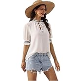 Blousart Summer Short Sleeve Shirt for Women Tops, White Dressy Casual Business, Round Chiffon Crewneck Smocking Blouse