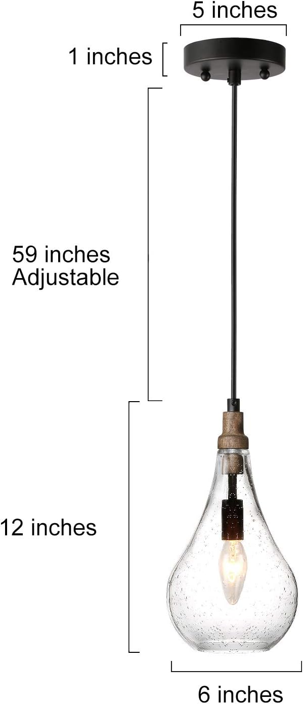 GEPOW Glass Pendant Lighting for Kitchen Island, Farmhouse Wood Hanging Light Fixture for Dining Room, Foyer, Bedroom - - 
