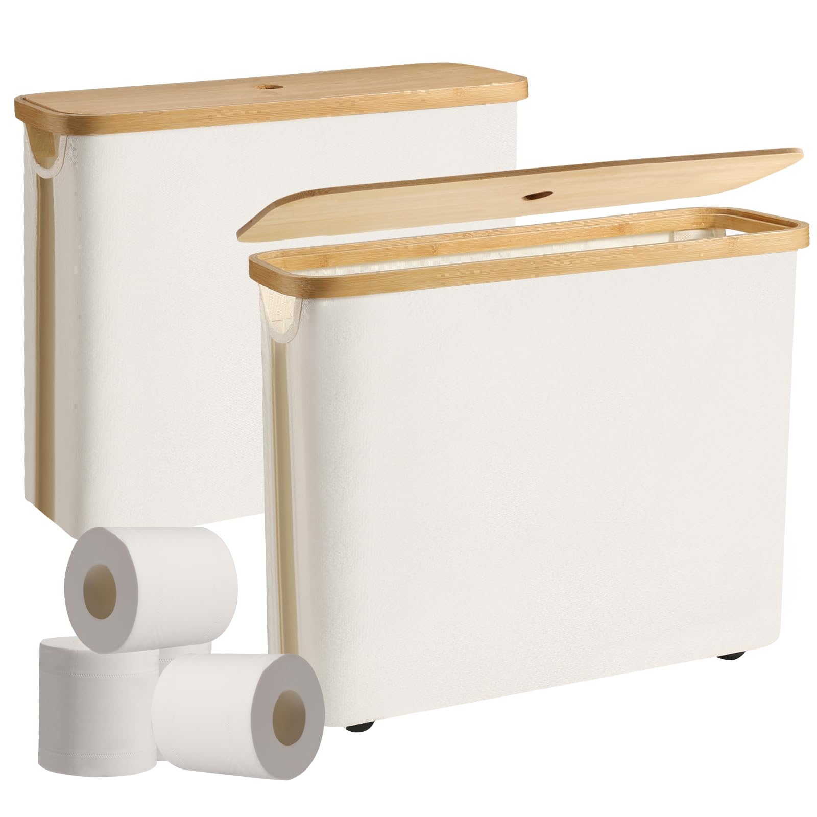 Photo 1 of 2 Pack Toilet Paper Storage with Lid Toilet Paper Basket Bamboo Toilet Paper Holders with Storage Free Standing for up to 9 Mega Rolls Toilets Papers Organizer for Bathroom Beige