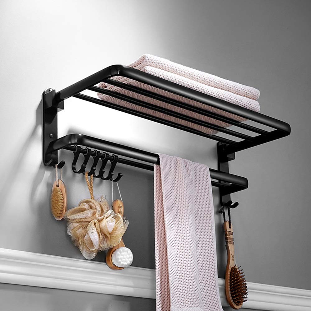LCLZ Nordic Free Punching Black Towel Rack American Retro Folding Towel Rack Space Aluminum Bathroom Towel Bar Towel Stands