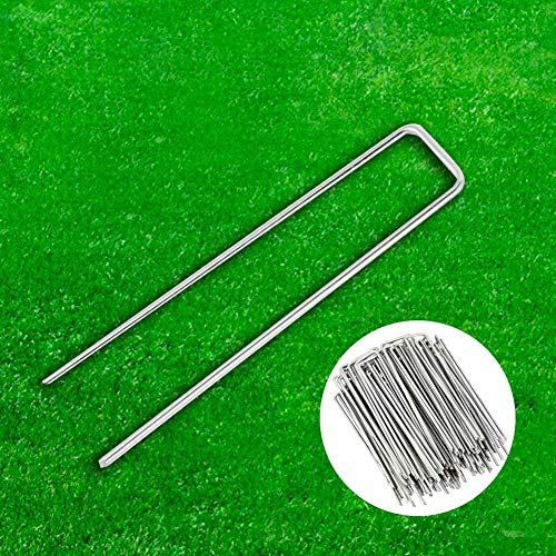 DAMI Landscape Staples and Fence Garden Stakes - 50 Pack 6 Inch U-Shaped Galvanized Heavy-Duty Pins for Weed Barrier Fabric Ground Cover Dripper Irrigation Tubing Soaker Hose