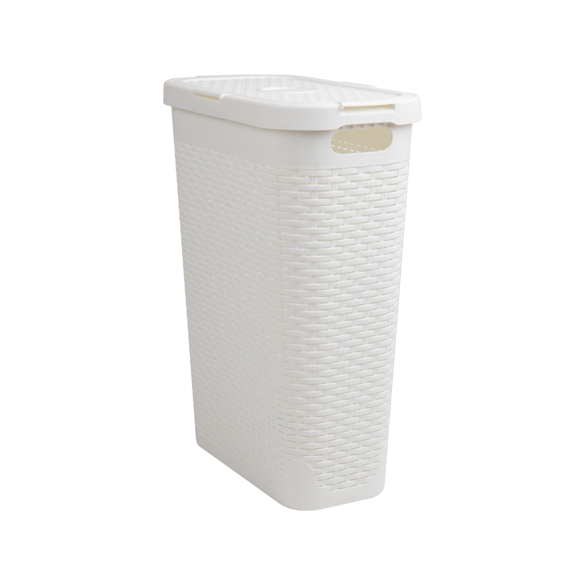 Mind Reader Slim Laundry Hamper with Lid, 40L Clothes Basket, Premium Wicker Design, Plastic, White