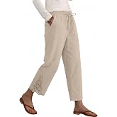 Rapbin Women Elastic Waist Linen Cotton Capri Pants with Pockets(S-XXL) | Linen Cotton Pants Women Wide Leg Palazzo Capri Dress Work Pants for Women Casual Flowy Clothes Spring Beach Vacation Outfits